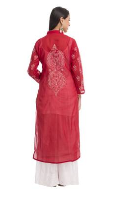 Ada Hand Embroidered Maroon Cotton Lucknowi Chikankari Indian Women Kurta - A230238 2