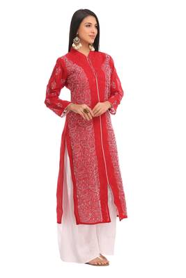Ada Hand Embroidered Maroon Cotton Lucknowi Chikankari Indian Women Kurta - A230238 3