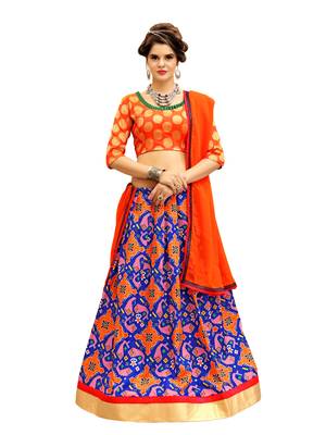 Orange and Blue Digitally Printed Twrill Silk  Lehenga Choli With Un-Stitched Blouse 1