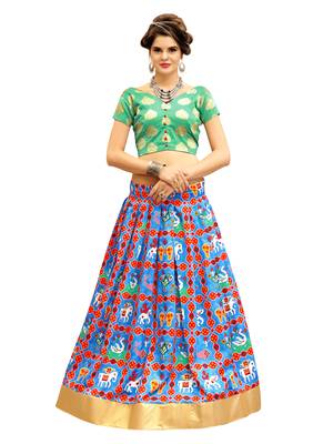 Rama Green and Blue Digitally Printed Twrill Silk  Lehenga Choli With Un-Stitched Blouse 1