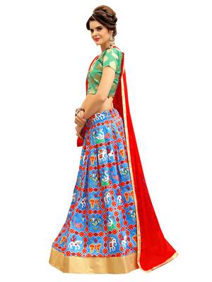 Rama Green and Blue Digitally Printed Twrill Silk  Lehenga Choli With Un-Stitched Blouse 2