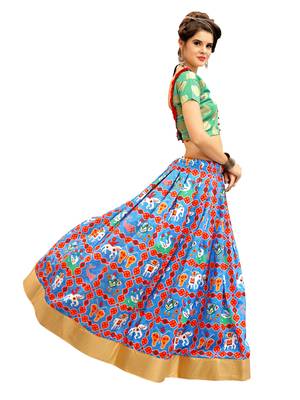 Rama Green and Blue Digitally Printed Twrill Silk  Lehenga Choli With Un-Stitched Blouse 3