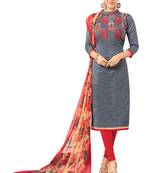  women Grey embroidered chanderi cotton salwar suit with dupatta 