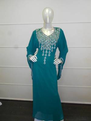 Teal zari work gerogette islamic arabic style festive party wear kaftan 1