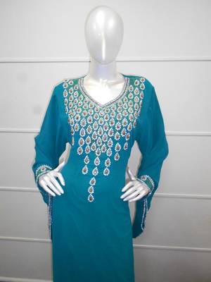Teal zari work gerogette islamic arabic style festive party wear kaftan 2