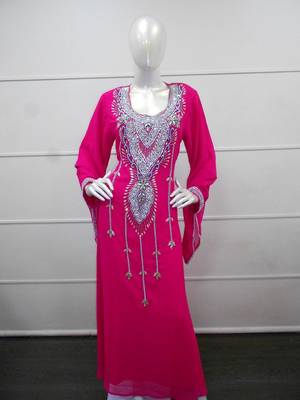 Pink zari work gerogette islamic arabic style festive party wear kaftan 1