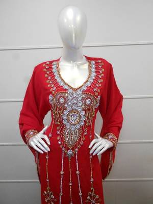 Red zari work gerogette islamic arabic style festive party wear kaftan 1