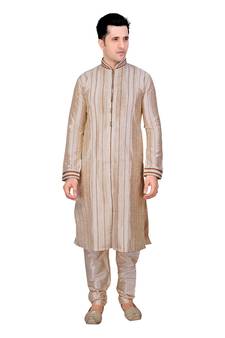 Men's Fawn Front Open Kurta With Cording And Pleating All Over With Gundi Buttons Pakistani Sherwani Style