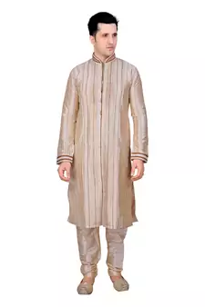 Men's Fawn Front Open Kurta With Cording And Pleating All Over With Gundi Buttons Pakistani Sherwani Style