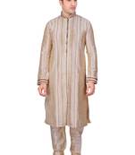 Men's Fawn Front Open Kurta With Cording And Pleating All Over With Gundi Buttons Pakistani Sherwani Style