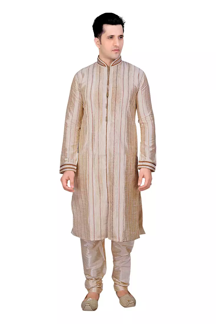 Men's Fawn Front Open Kurta With Cording And Pleating All Over With Gundi Buttons Pakistani Sherwani Style