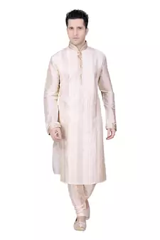 Men's Cream  Kurta With Nehru Collar Withintricate Cording  And Pleating i.e Chatai Effect With Gundi Buttons