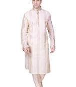 Men's Cream  Kurta With Nehru Collar Withintricate Cording  And Pleating i.e Chatai Effect With Gundi Buttons