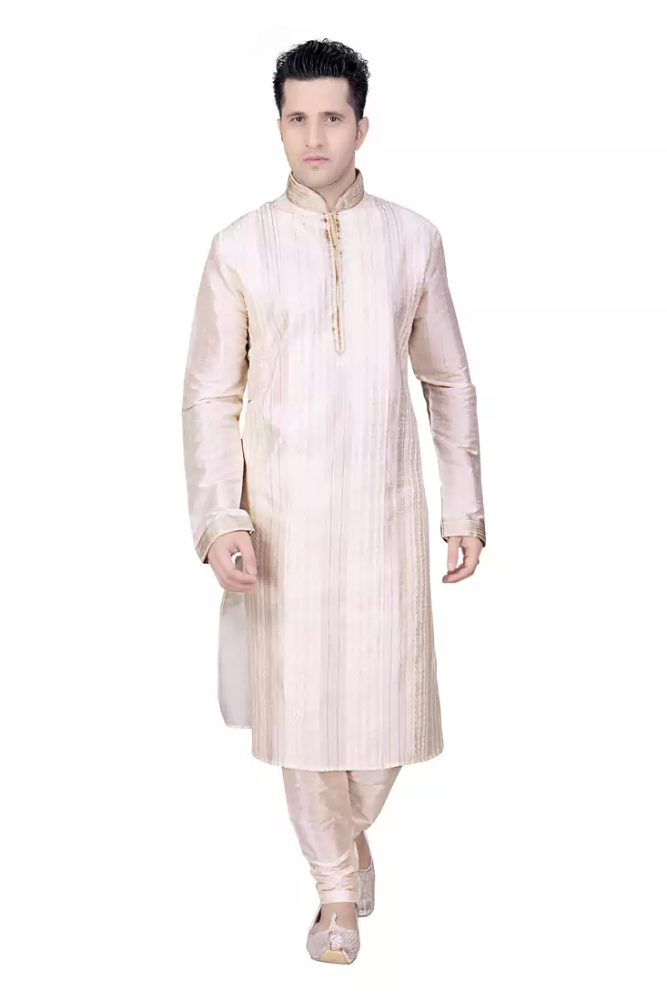 Men's Cream  Kurta With Nehru Collar Withintricate Cording  And Pleating i.e Chatai Effect With Gundi Buttons