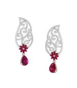 0.49 Ct Diamond & 2.9 Ct Ruby Intricate Design Dangling Earrings in 9KT White Gold