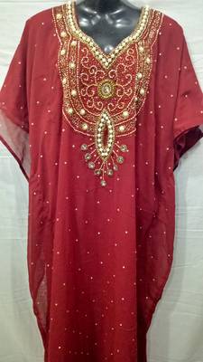 Red Satin Embroidered Georgette Islamic Arabic Partywear Abaya 1