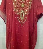 Red Satin Embroidered Georgette Islamic Arabic Partywear Abaya