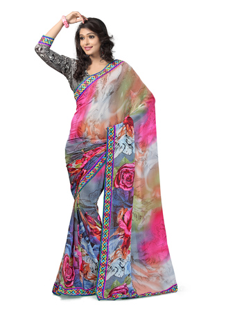 Red  printed georgette saree with blouse