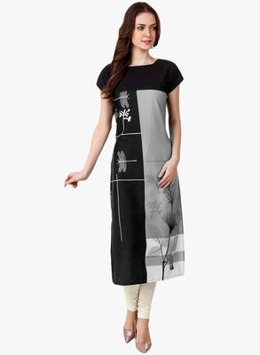 Black Printed Silk Stitched Kurti 1