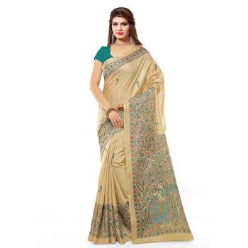 cream printed bhagalpuri saree with blouse 1