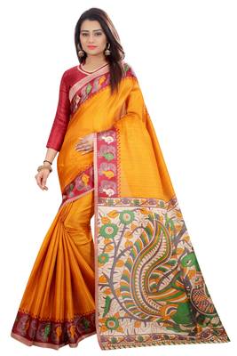 Mustard printed khadi saree with blouse 1