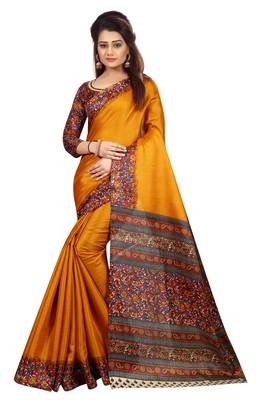 Mustard printed khadi saree with blouse 1