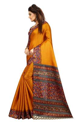Mustard printed khadi saree with blouse 2
