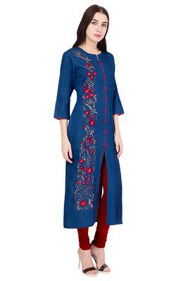 Dark blue embroidered Denim  kurti 3