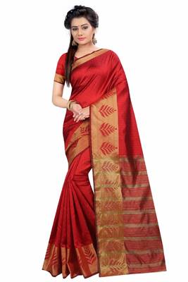 Red woven poly cotton saree with blouse 1