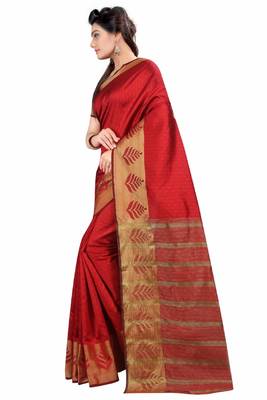 Red woven poly cotton saree with blouse 2