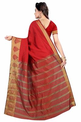 Red woven poly cotton saree with blouse 3