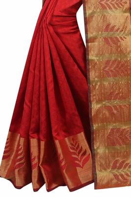 Red woven poly cotton saree with blouse 4