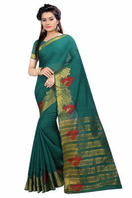 Green woven poly cotton saree with blouse 1