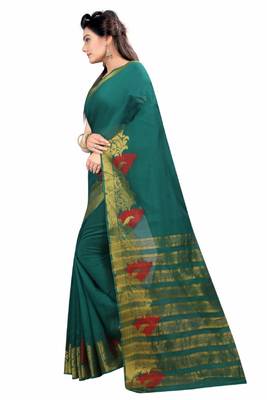 Green woven poly cotton saree with blouse 2