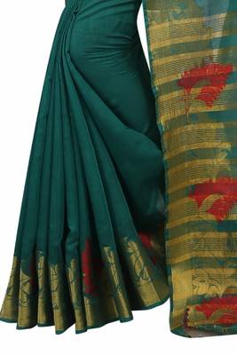 Green woven poly cotton saree with blouse 4
