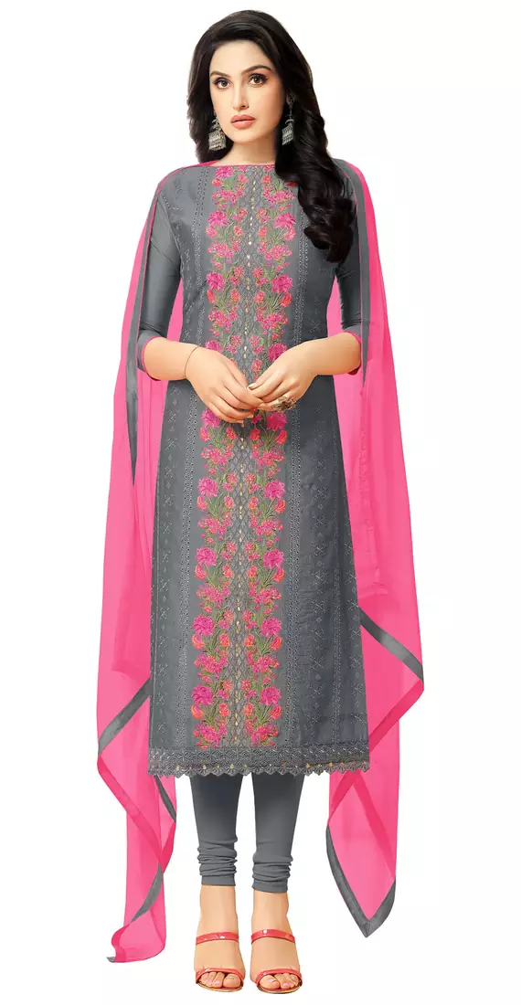 Charcoal Resham Embroidery Chanderi Salwar With Dupatta