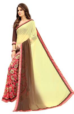cream printed georgette saree with blouse 1