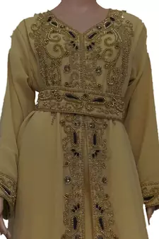 Biege Zari Stone Work Georgette Islamic Style Maxi PartyWear Kaftan