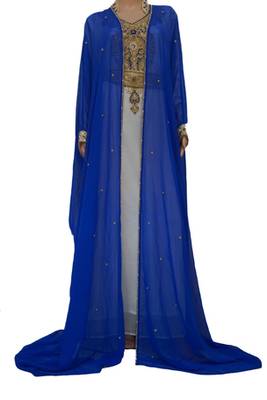Blue & White Zari Stone Work Georgette Islamic Style Maxi PartyWear Kaftan 1