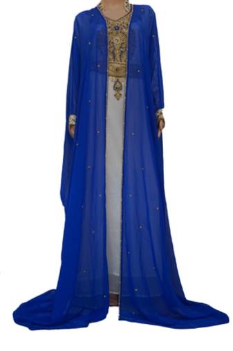 Blue & White Zari Stone Work Georgette Islamic Style Maxi PartyWear Kaftan
