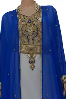 Blue & White Zari Stone Work Georgette Islamic Style Maxi PartyWear Kaftan