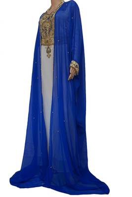 Blue & White Zari Stone Work Georgette Islamic Style Maxi PartyWear Kaftan 3