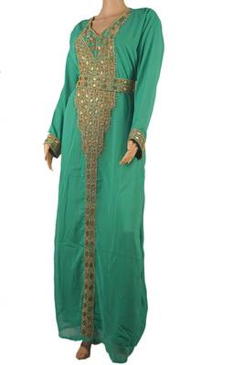 Teal Zari Stone Work Georgette Islamic Style Maxi PartyWear Kaftan 3