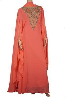 Peach Zari Stone Work Georgette Islamic Style Maxi PartyWear Farasha 1