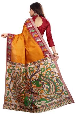 Mustard printed khadi saree with blouse 3