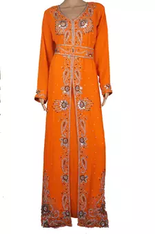 Orange Zari Stone Work Georgette Islamic Style Maxi PartyWear Kaftan