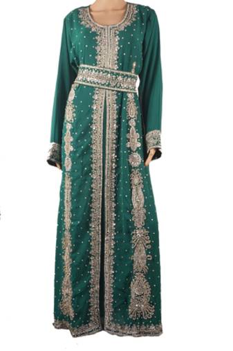 Green Zari Stone Work Georgette Islamic Style Maxi PartyWear Kaftan