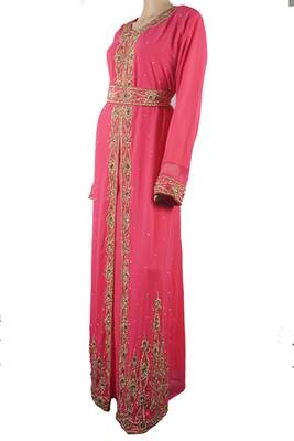 Pink Zari Stone Work Georgette Islamic Style Maxi PartyWear Kaftan 3