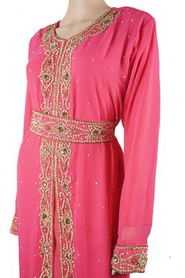 Pink Zari Stone Work Georgette Islamic Style Maxi PartyWear Kaftan 4