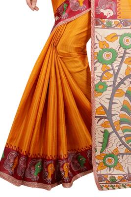 Mustard printed khadi saree with blouse 5